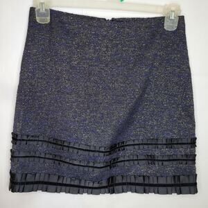 Raoul navy blue tweed metallic ribbon ruffled mini A line skirt size 4